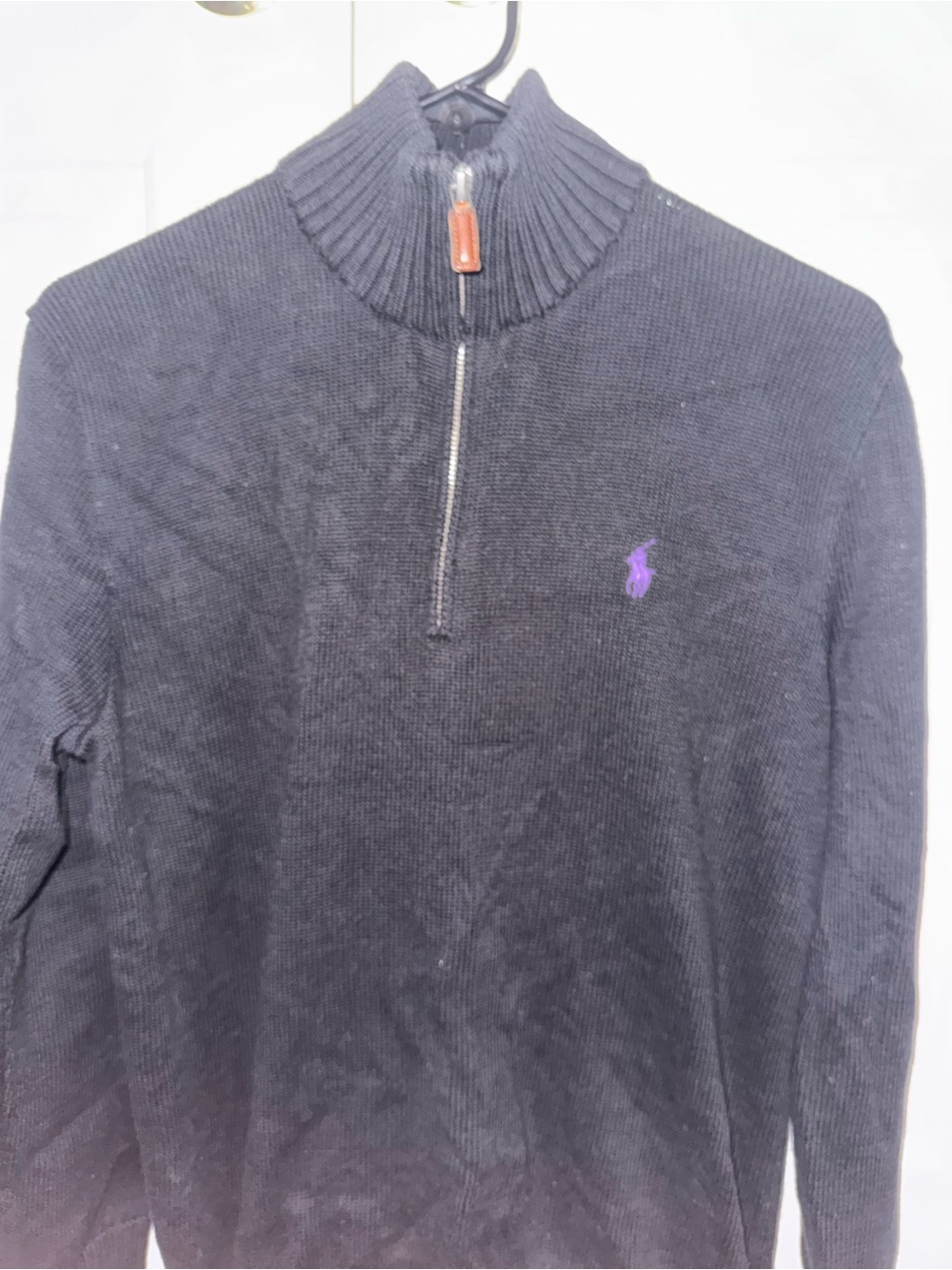 Polo by Ralph Lauren Men's Black Half-Zip Knit Sweater with Purple Pony